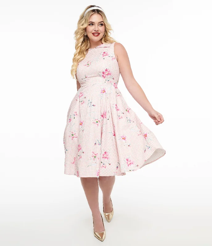 short ruffled dress-1950s Pink Gingham & Floral Cotton Swing Dress