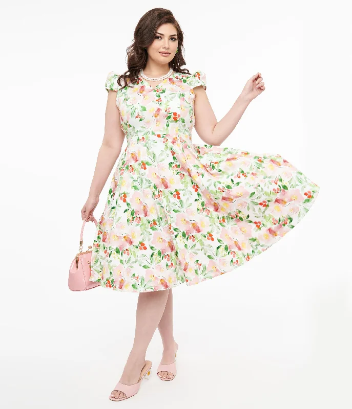 snap button dress-1950s Pink & Green Floral Cotton Larisa Swing Dress