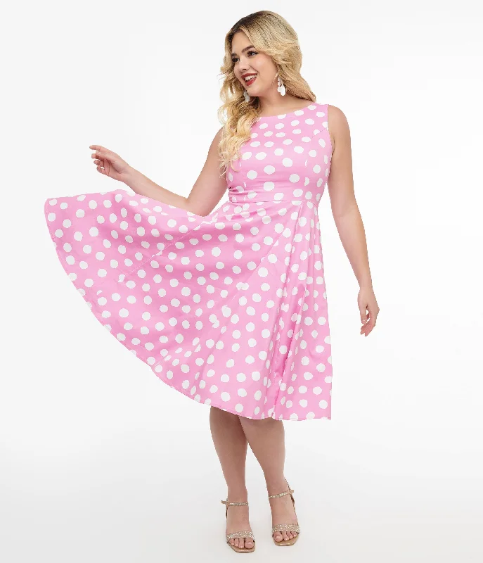 gypsy style dress-1950s Pink & White Polka Dot Cotton Lyra Swing Dress