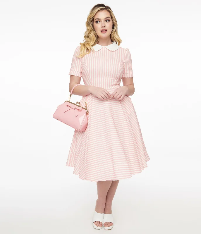 structured prom dress-1950s Pink & White Striped Brielle Swing Dress