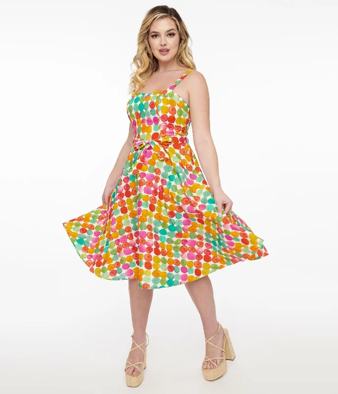 forest green prom dress-1950s Rainbow Watercolor Polka Dot Lori Swing Dress