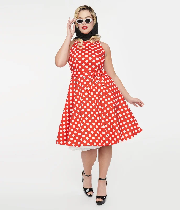 accordion pleat dress-1950s Red & White Polka Dot Cotton Swing Dress