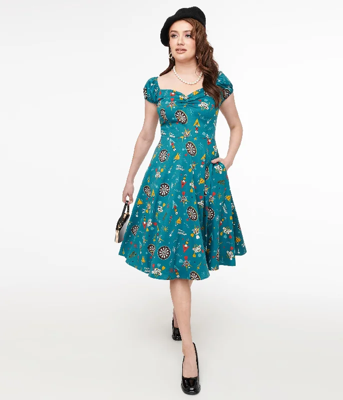 breezy midi dress-1950s Teal Dart Board Keep Em Flying Cotton Swing Dress