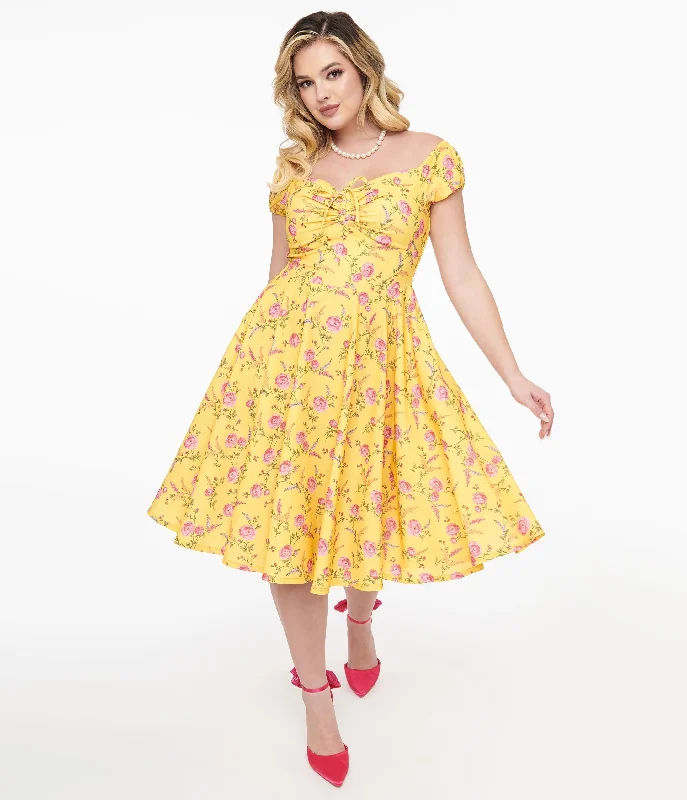 single strap maxi dress-1950s Yellow & Fuchsia Floral Victoria Swing Dress