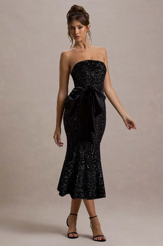 corduroy overall dress-Adee | Black Sequin Velvet Halter-Neck Midi Dress With Bow