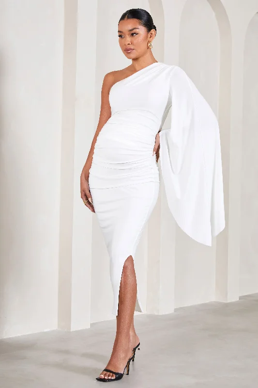 accordion pleat dress-Adeline | White Ruched Asymmetric Split Maternity Midi Dress With Cape Sleeve