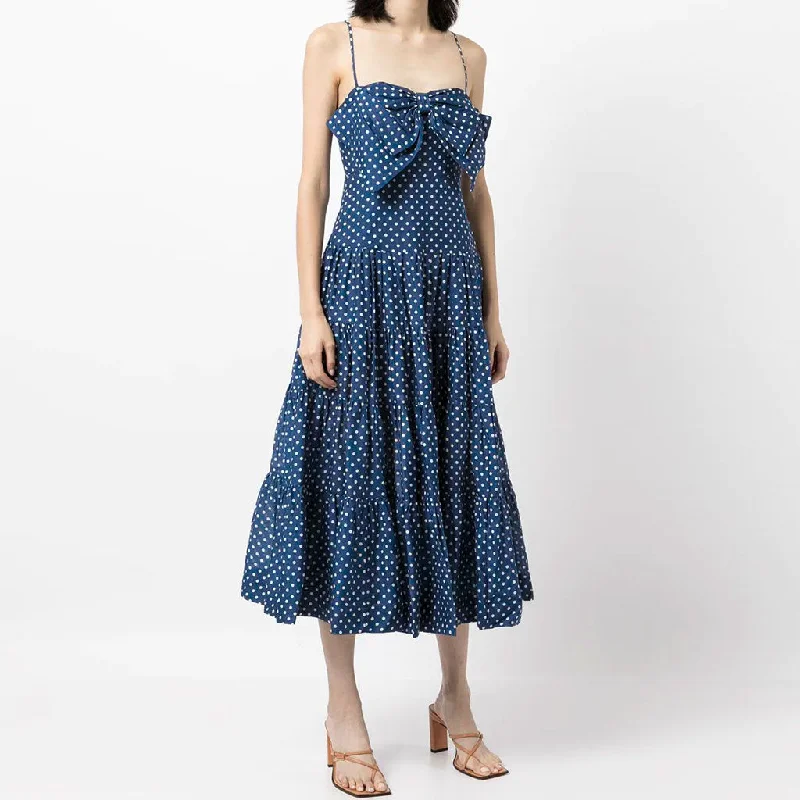 gathered wrap dress-Adorable Polka Dot Bow Trim A-Line Slip Midi Dress - Blue