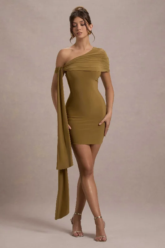 bronze metallic dress-Alessio | Mustard One-Shoulder Mini Dress With Drape