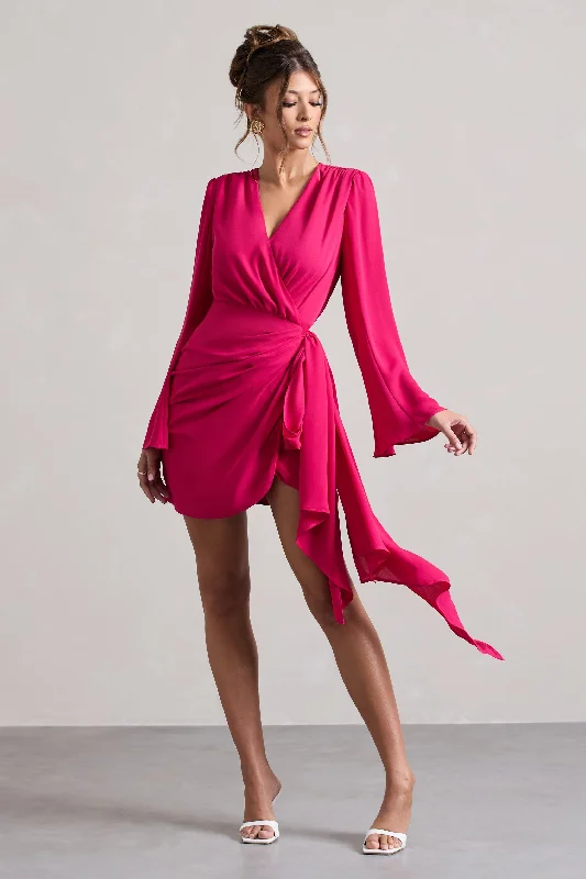 indigo evening dress-Alinta | Hot Pink Long-Sleeve Wrap Mini Dress