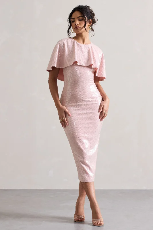 gathered wrap dress-Amelie | Pastel Pink Sequin Midi Dress With Cape