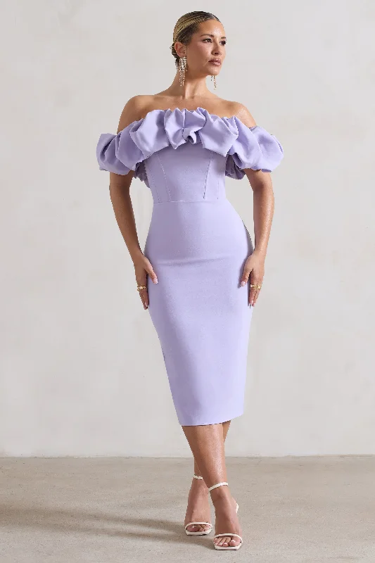 breezy beach dress-Amie | Lilac Structured Ruffle Bardot Midi Dress