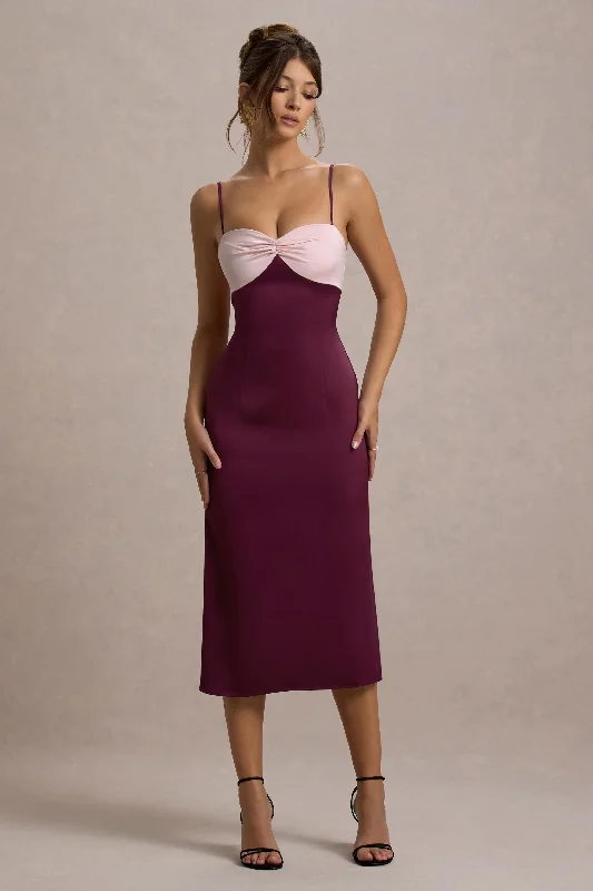 snap button evening dress-Andretti | Burgundy & Pink Satin Strappy Midi Dress