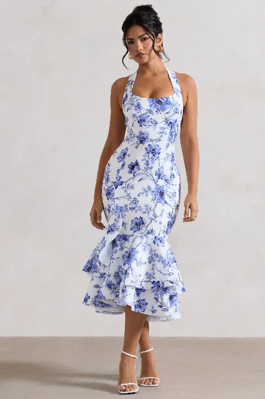 green floral dress-Arla | Blue Floral Halter-Neck Ruffle Trim Midi Dress