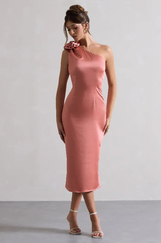 fitted sequin dress-Ascot | Coral Satin One Shoulder Midi Dress With Corsage