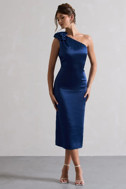 dramatic high low dress-Ascot | Navy Satin One Shoulder Midi Dress With Corsage