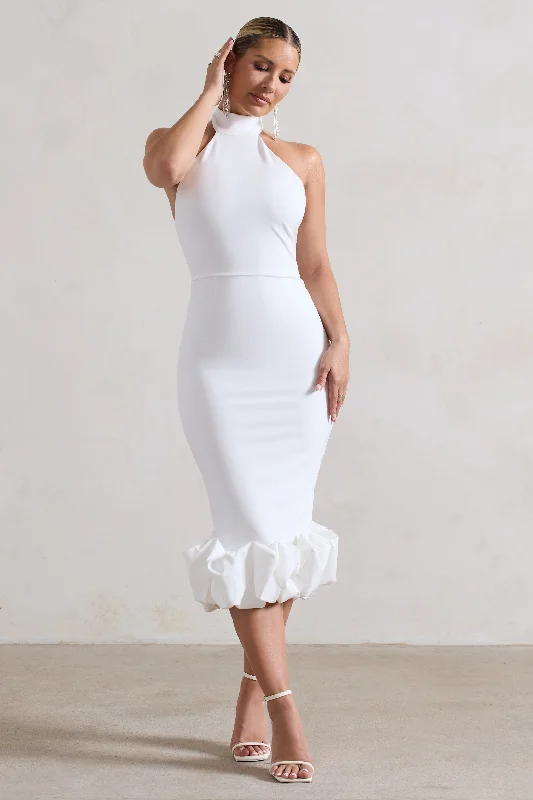 dramatic prom dress-Ashton | White High-Neck Midi Dress With Ruffle Hem