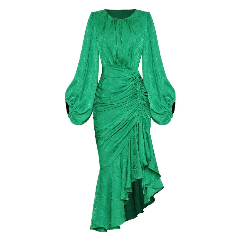 festive sequin dress-Asymmetric Ruched Ruffle Balloon Sleeve Round Neck Midi Mermaid Dress