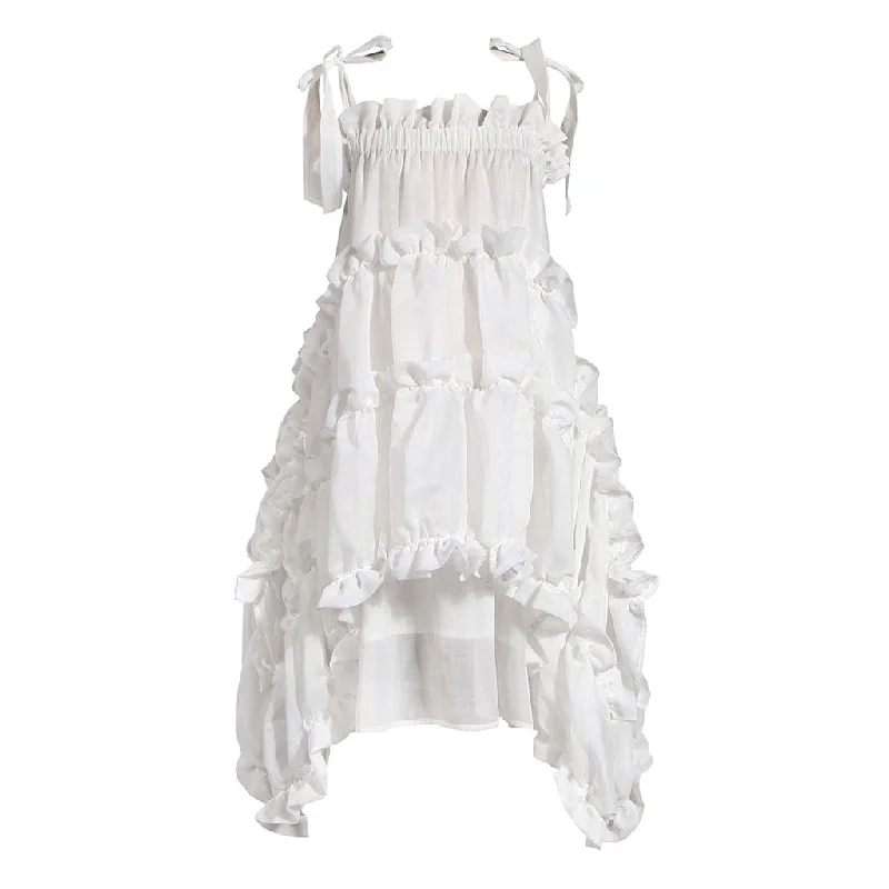 accordion maxi dress-Asymmetric Ruffle Tiered Shoulder Tie Chiffon Midi Babydoll Dress