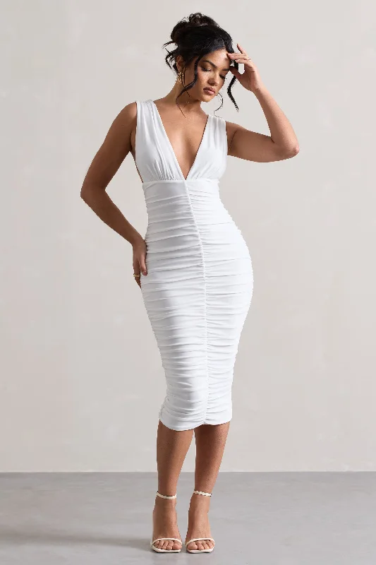 casual corduroy dress-Attract | White Ruched Plunge-Neck Midi Dress