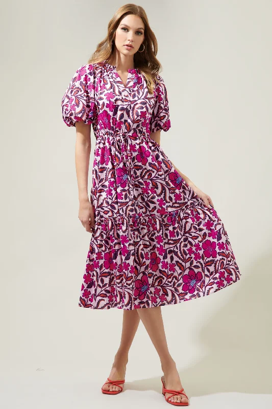 bell sleeve cocktail dress-Aubrey Floral Ginny Bubble Sleeve Midi Dress