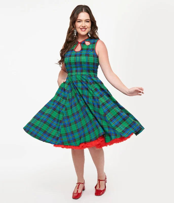 botanical prom dress-Banned 1950s Green & Blue Winter Check Swing Dress