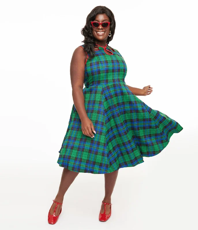 cinched sundress-Banned Plus Size 1950s Green & Blue Winter Check Swing Dress