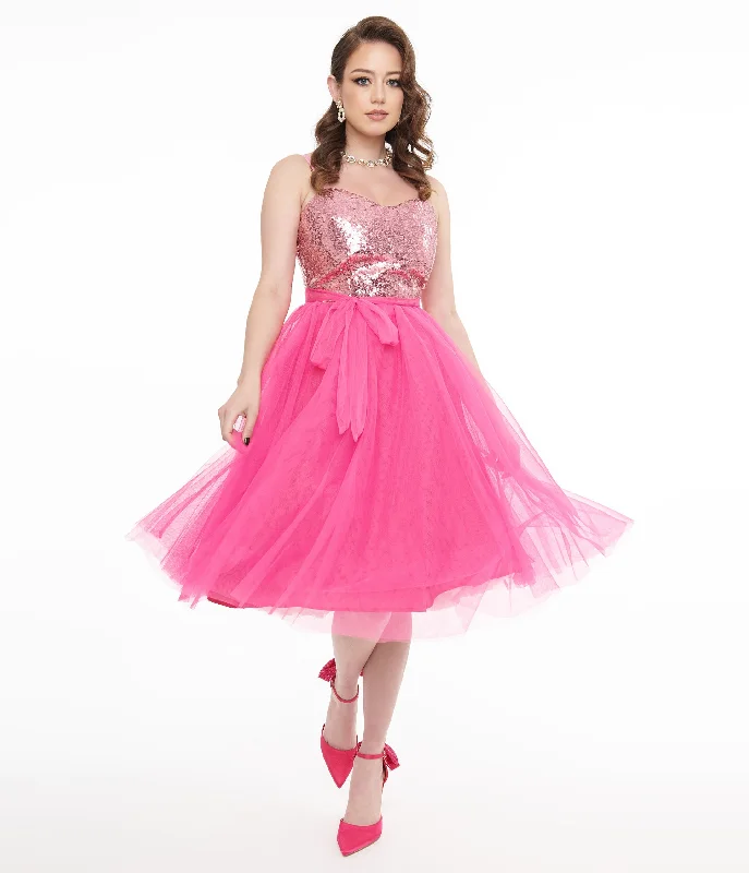 smocked prom dress-Barbie x Unique Vintage 1980s Pink Sequin Day To Night Swing Dress