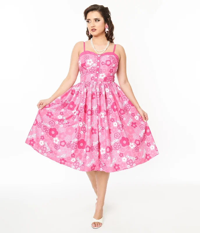 oatmeal prom dress-Barbie x Unique Vintage Pink Barbie Print Swing Dress