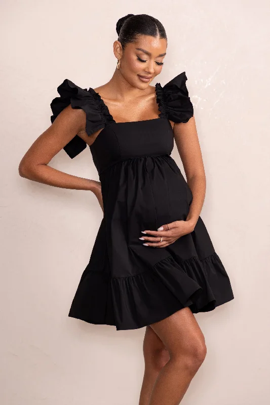 jet black dress-Dolly Daze | Black Maternity Ruffle Mini Dress