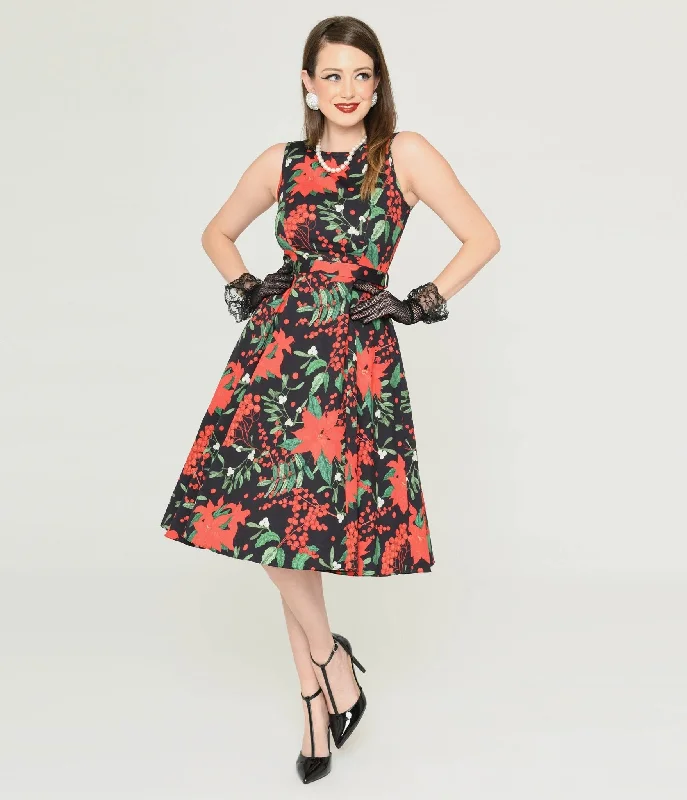 accordion evening dress-Black & Red Poinsettia Swing Dress