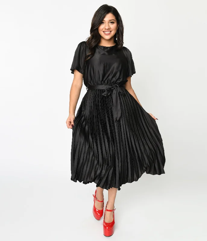 delicate evening dress-Black Satin Pleated Midi Dress