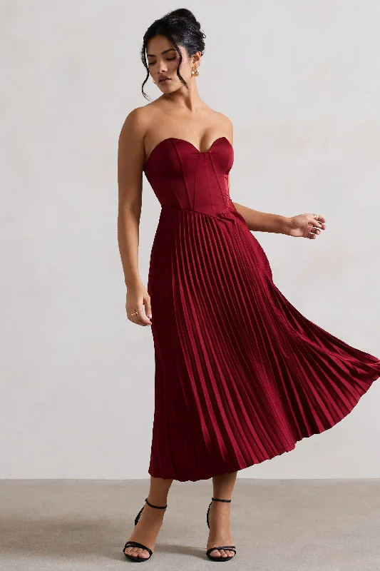 platinum cocktail dress-Bordeaux | Berry Satin Corset Style Midi Dress