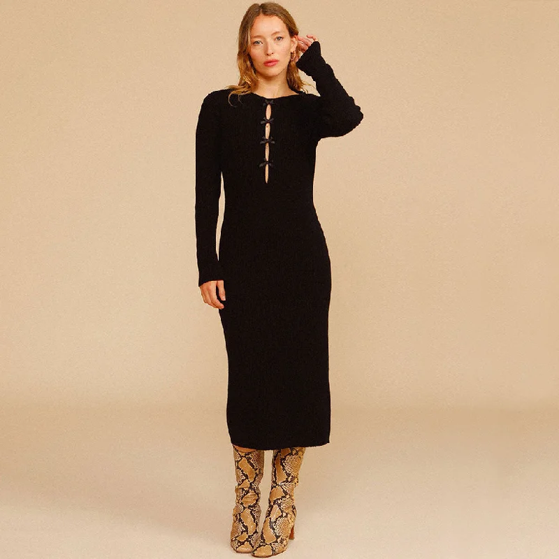 fringed trim dress-Bowknot Trim Cutout Long Sleeve Rib Knit Midi Sweater Dress - Black