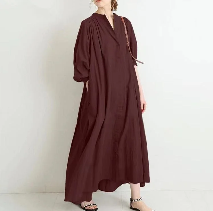 casual silk dress-Casual Solid Color Puff Sleeve Pleated Cotton Linen Midi Shirtdress