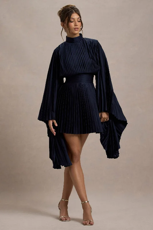 hand-stitched dress-Charity | Navy Pleated High-Neck Mini Dress With Cape Sleeves