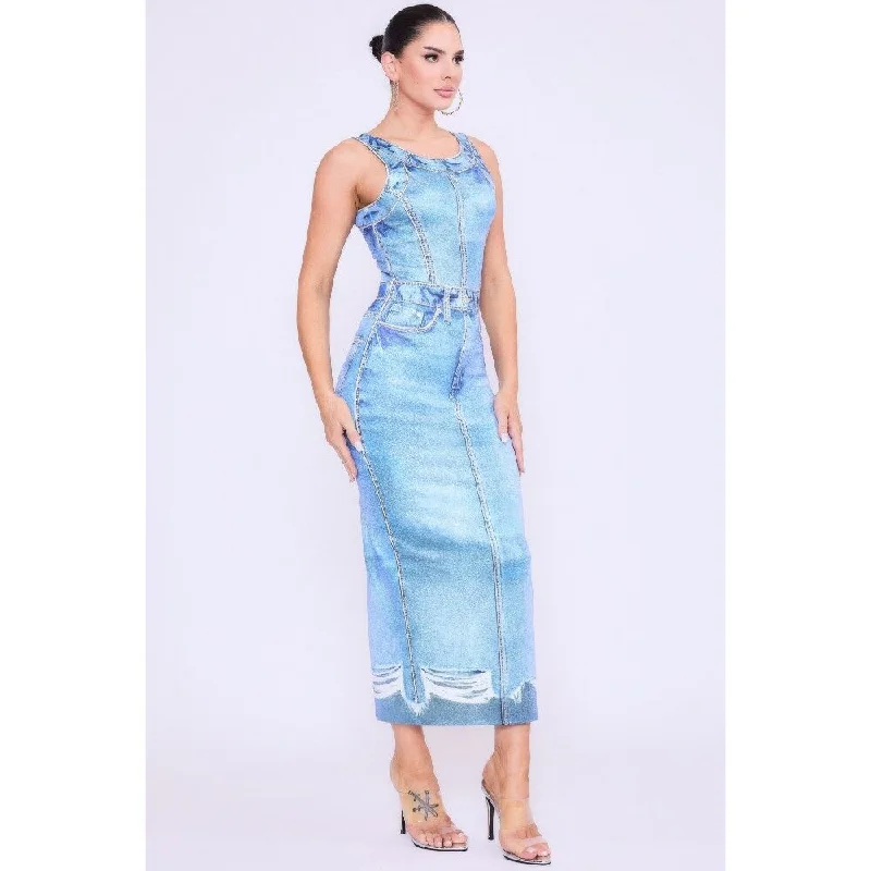 fishtail prom dress-Chic Denim Print Midi Dress, Versatile Style and All Day Comfort