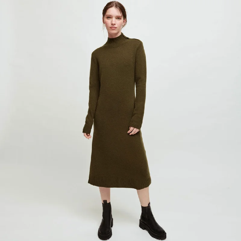 smocked peasant dress-Chic Long Sleeve Button Trim High Neck Midi Sweater Dress - Army Green