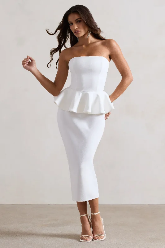 platinum cocktail dress-Chicago | White Bodycon Bandeau Midi Dress With Peplum Detail