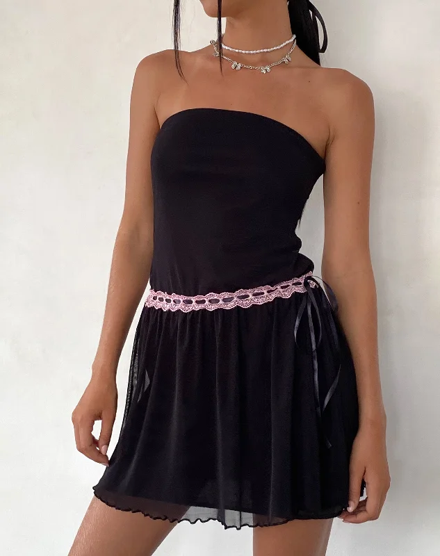 gathered prom dress-Cleodora Bandeau Mesh Mini Dress in Black with Pink Waistband