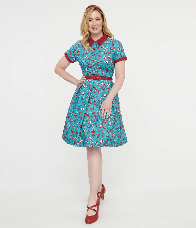 seafoam green prom dress-Collectif 1950s Blue & Red Cherry Pie Swing Dress