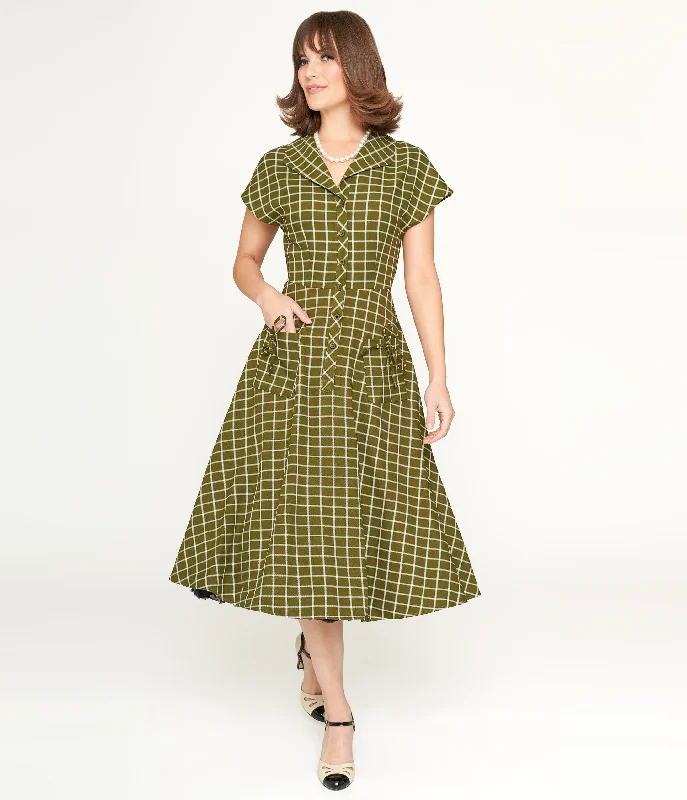 tangerine cocktail dress-Collectif Green & White Checked Liza Acres Swing Dress