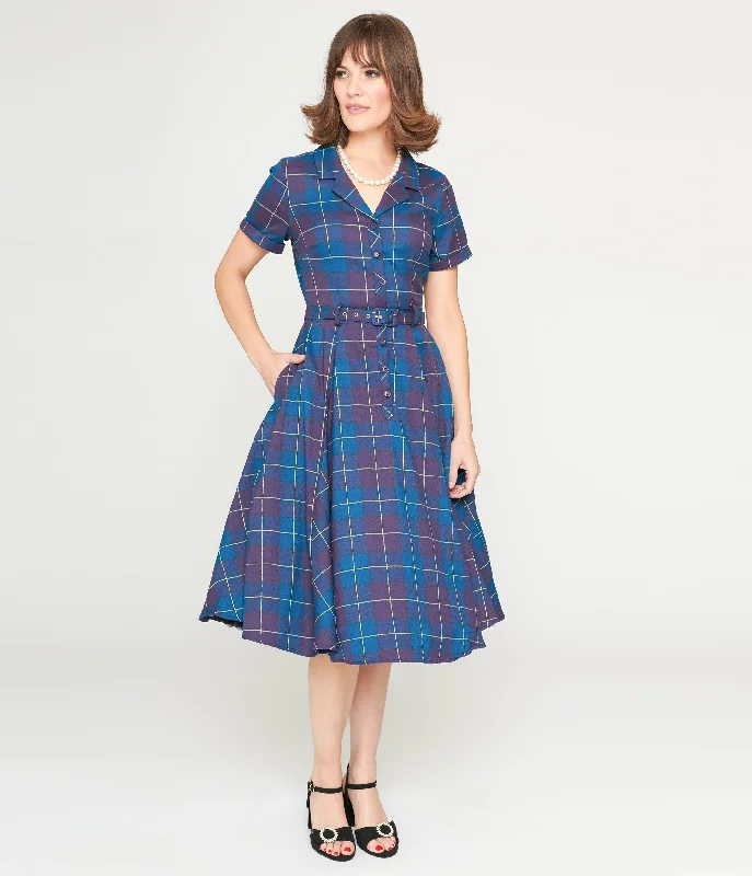 oatmeal cotton dress-Collectif Teal & Purple Checkered Caterina Swing Dress