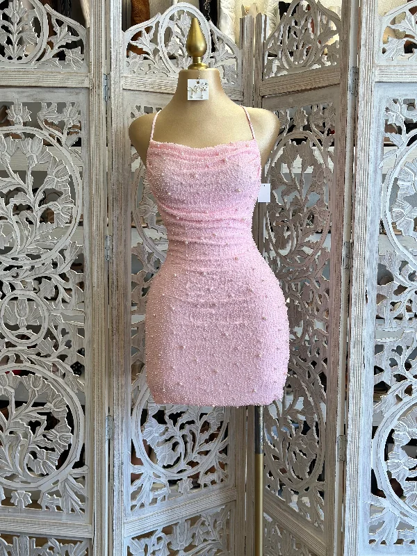 flared sundress-Cotton Pink Mini Embellished Dress- Stretchy