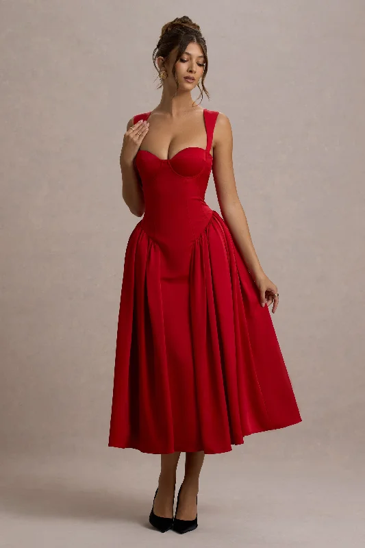 casual evening dress-Covia | Red Satin Sweetheart Midi Dress