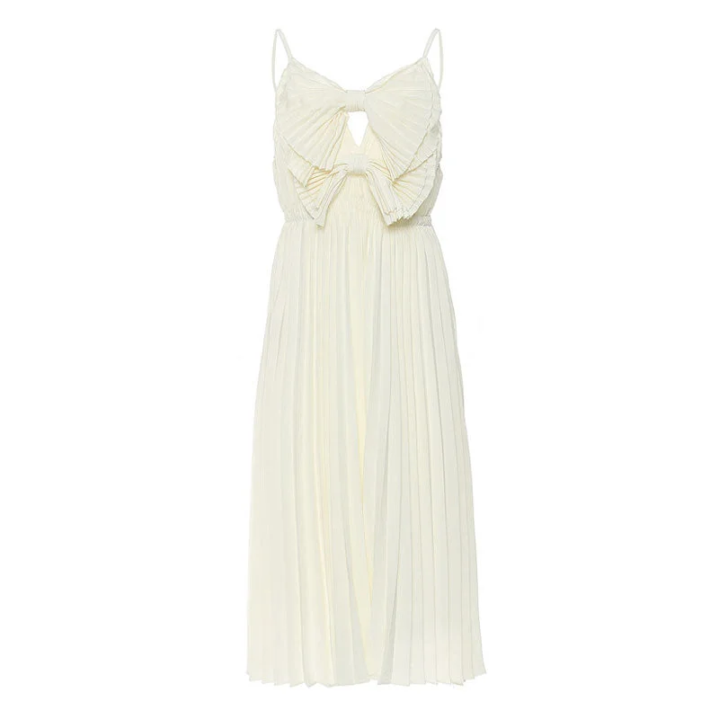 hand-stitched evening dress-Cute V Neck Big Dual Bow Spaghetti Strap Pleated Midi Chiffon Slip Dress