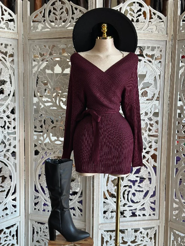 forest green dress-Dark Burgundy Wrapped Sweater Mini Dress- Stretchy,Estira