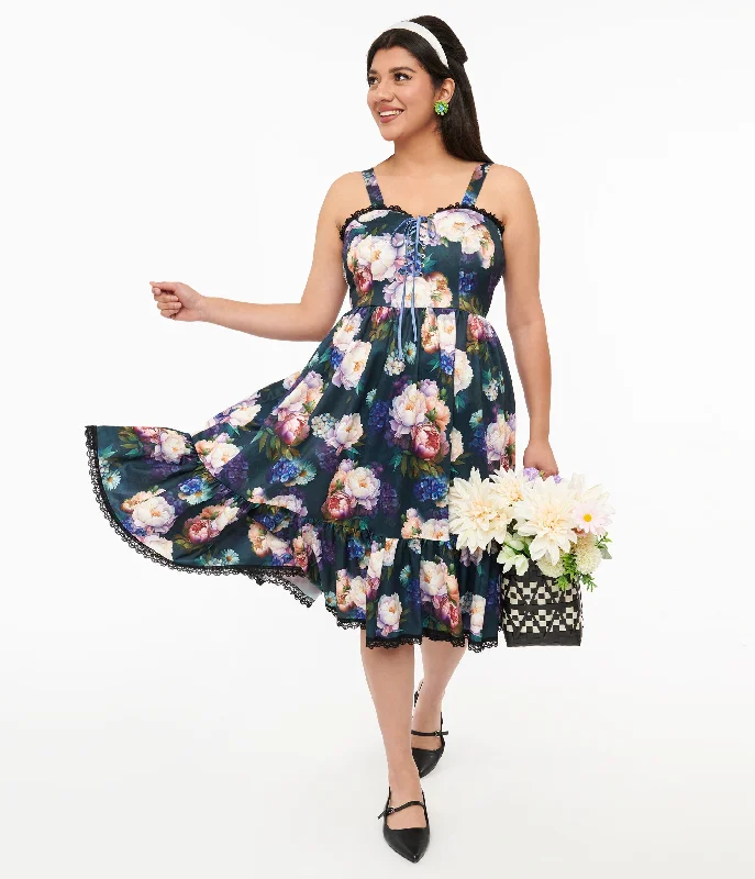 deep plunge dress-Dark Green Floral Heidi Swing Dress