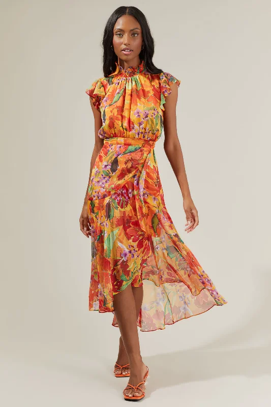 hand-stitched sundress-Delilah Floral Blouson Drape Tiered Midi Dress