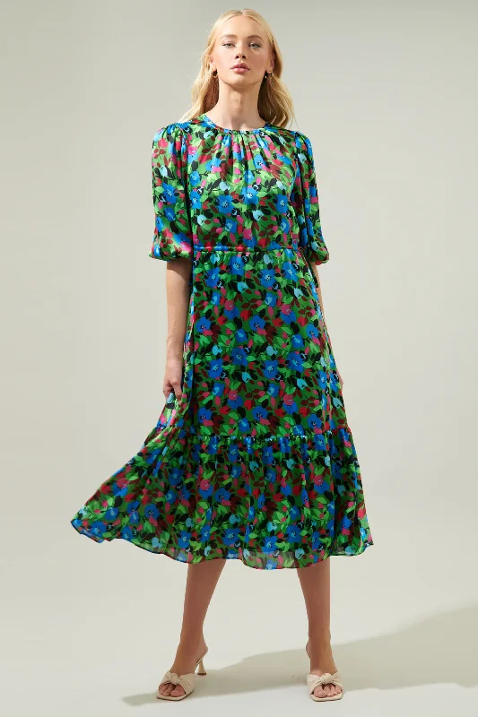 aqua cocktail dress-Destine Floral Carmine Midi Dress