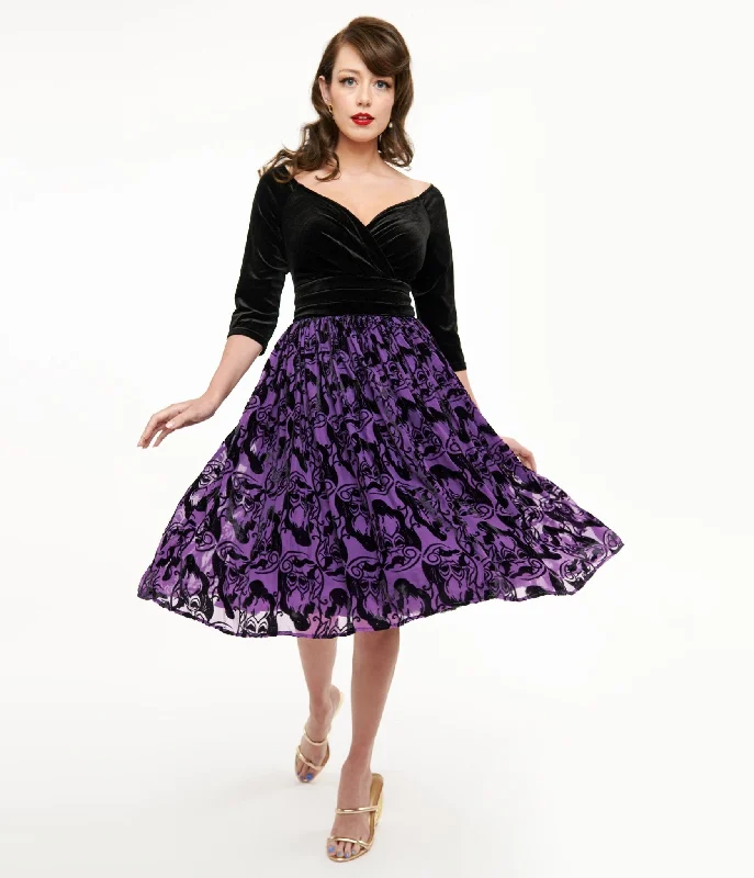 aqua evening dress-Disney Princess collection by Unique Vintage Purple & Black Ursula Burnout Velvet Marceline Swing Dress